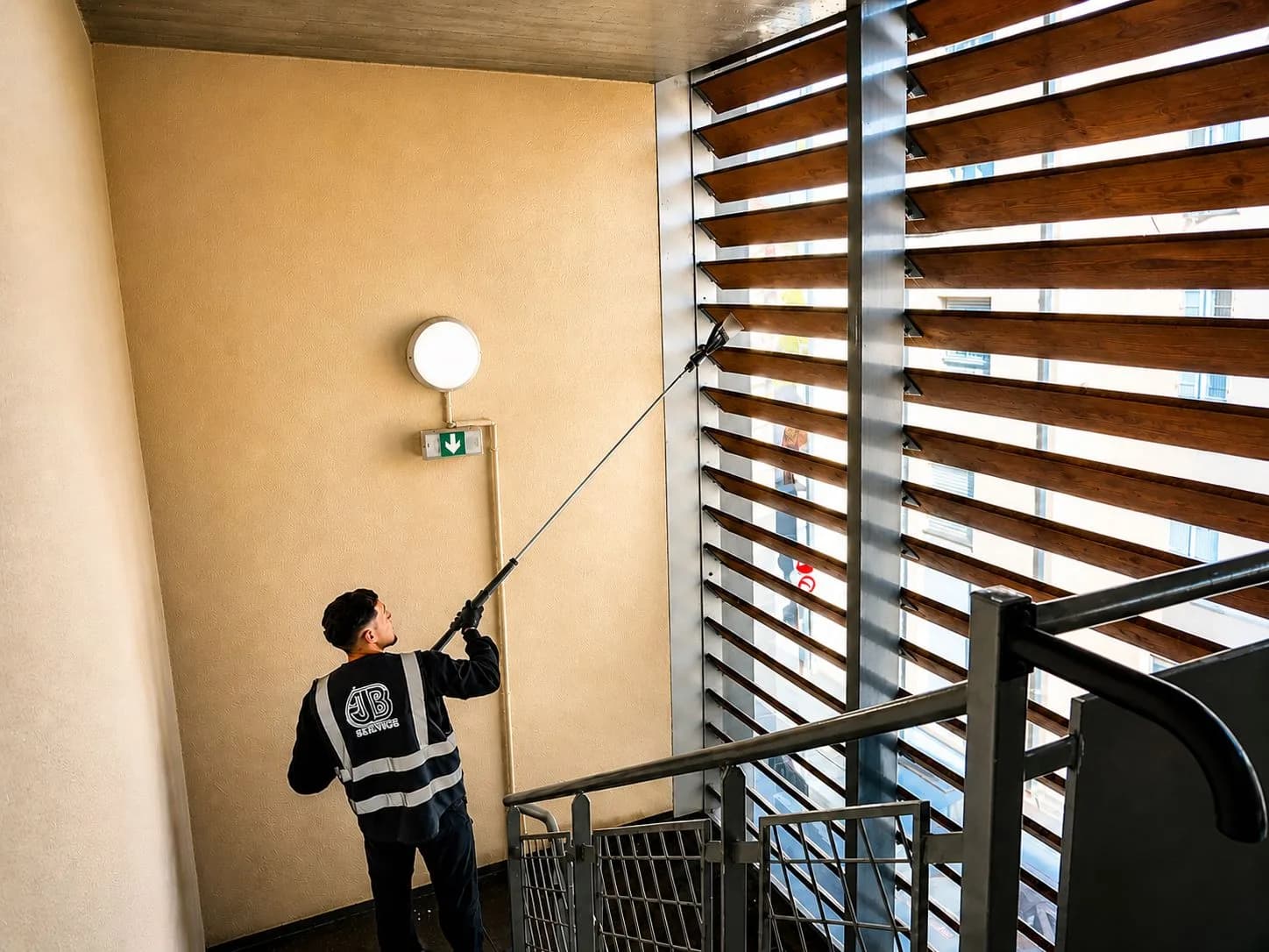 Nettoyage de cage d'escalier d'immeuble à Lyon avec perche télescopique - JB Service nettoyage de bâtiment professionnel